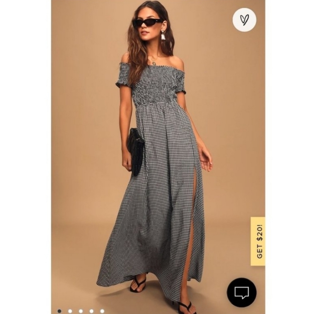 Lulu's Patsy Black and White Gingham Off-the-Shoulder Maxi Dress Size XS - NEW!!